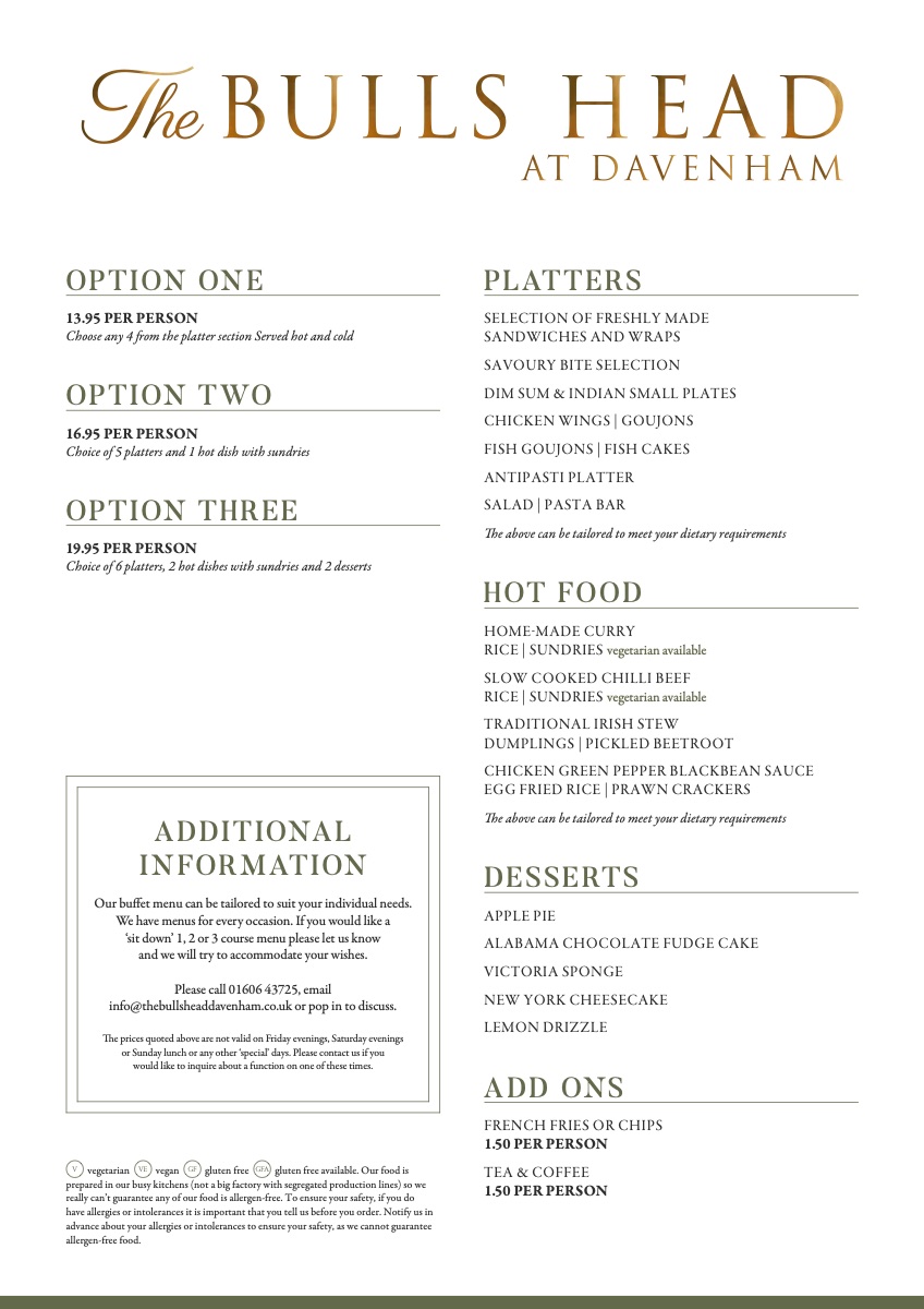 The Bulls Head buffet menu