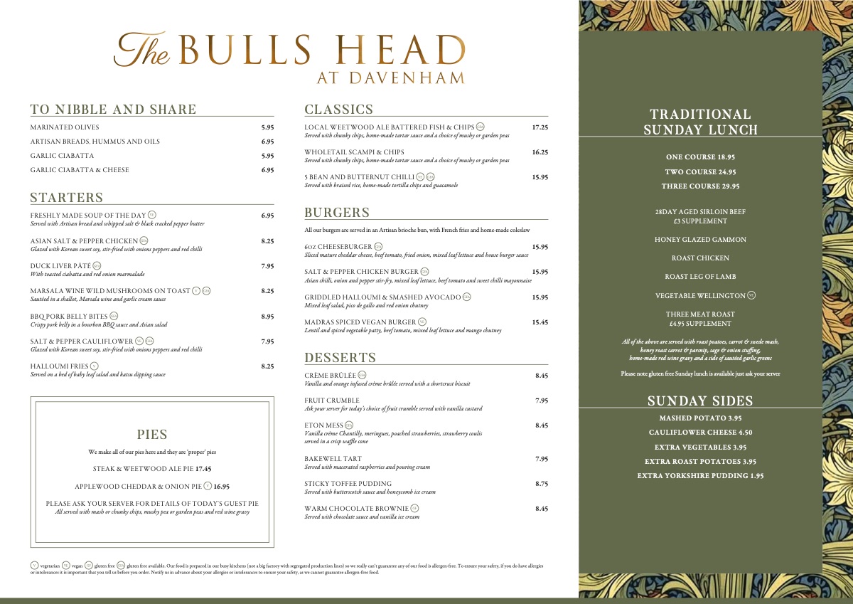 The Bulls Head Sunday lunch menu